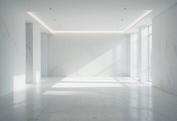 Fototapeta premium Espacio interior blanco relajante con sombras suaves, iluminación integrada y un piso limpio