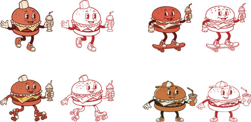Retro logo set of cute character illustration of hamburger