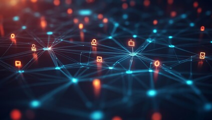 Complex network of interconnected digital icons.  Intricate web of connections, showcasing data flow and communication.  