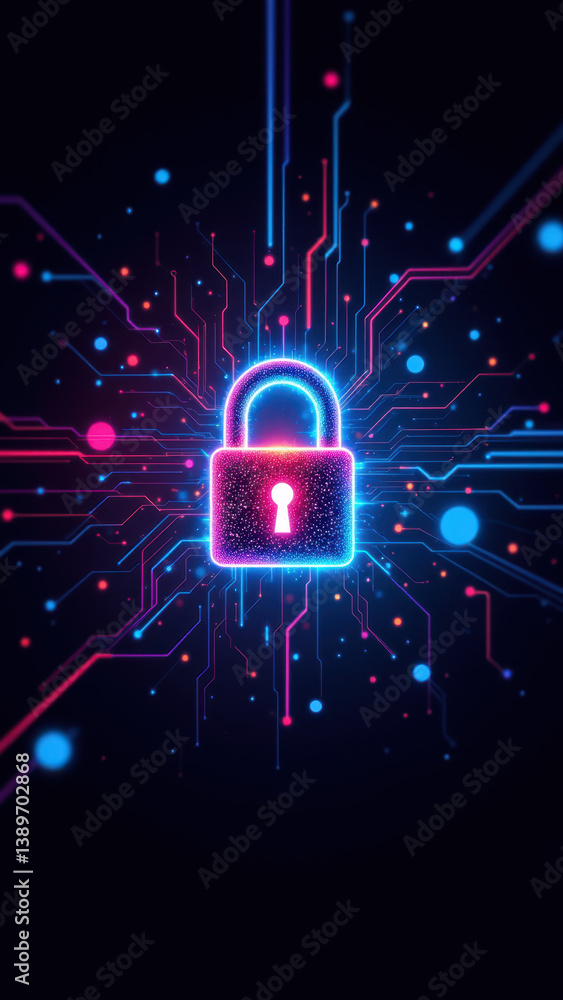 Poster a vibrant illustration of a digital lock with cybernetic components floating around it, symbolizing 