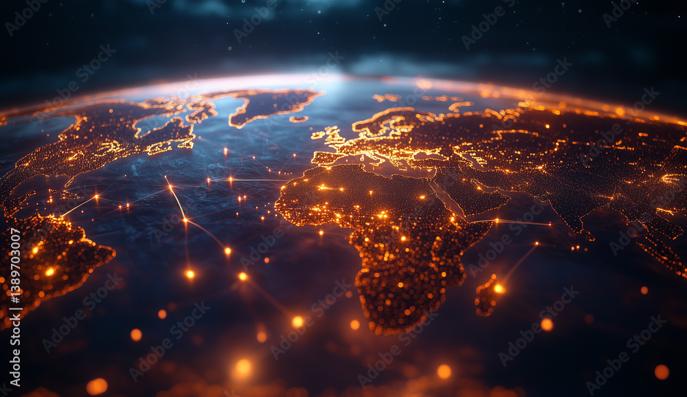 Poster a digital map of the world with glowing lines connecting various points, representing global connect