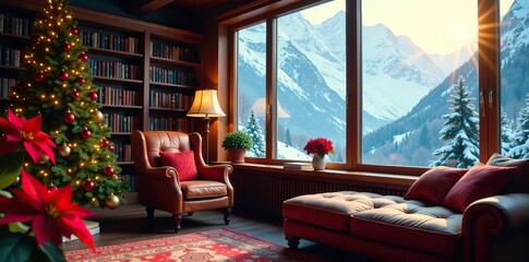 Cozy Christmas home library study with snowy mountain view, poinsettia flowers, perfect backdrop for online webinar or presentation teams meeting,  presentation,  fall