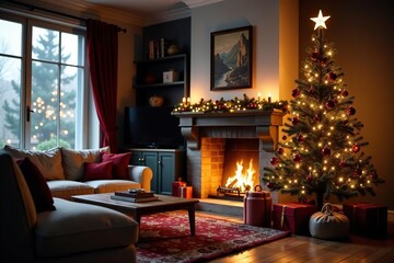 Cozy holiday living room with Christmas tree and fireplace on isolated background, cozy,  Christmas tree