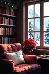 Cozy home library with Christmas bookshelf, snowy mountain view from window, poinsettia flowers,  online webinar,  hills