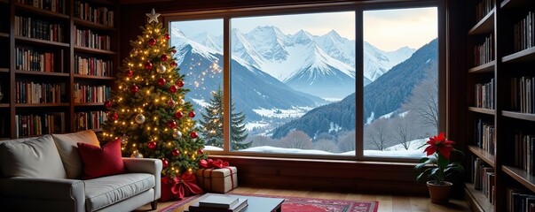 Cozy home library with Christmas decorations, snowy mountains view from window, and poinsettia flowers,  online webinar,  study