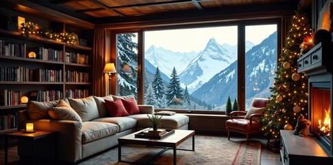 Cozy home library with Christmas decorations overlooking snowy mountains,  library,  snowy mountains