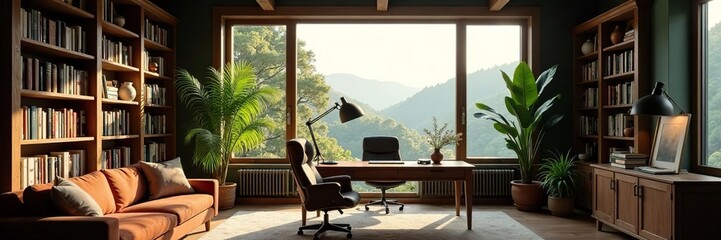 Cozy home office library with scenic bookshelf, rustic wood, and window views of trees and hills,  interior,  cozy room