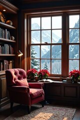 Cozy interior home library study with Christmas bookshelf, snowy mountains view through window, poinsettia holiday flowers,  library,  winter