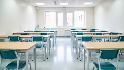 Symmetrical medical school classroom with sanitized lighting, academic precision