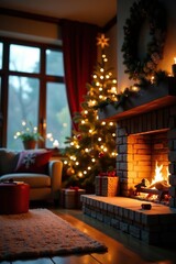 Cozy living room with festive Christmas tree and glowing fireplace on isolated background, Christmas,  festive