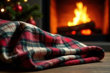Cozy plaid blanket by a crackling fire in a warm Christmas setting,  winter,  seasonal