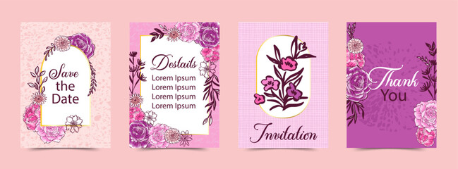 Watercolor Roses Floral Wedding Vector Cards Set