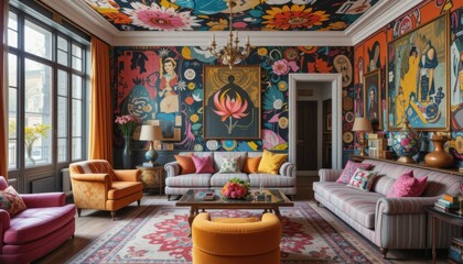 Diseño interior maximalista con muebles desiguales, papeles pintados eclécticos y brillantes