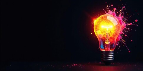 Creative light bulb explosion with vibrant paint splashes on black background symbolizing innovation, unique ideas, imagination,  unique ideas,  vibrant