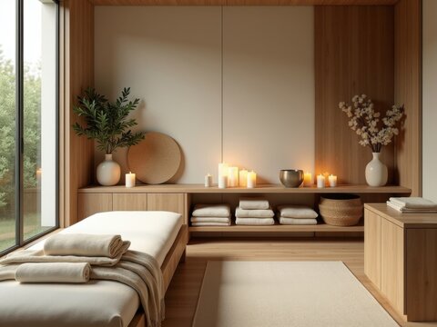 Refugio de spa minimalista adornado decoraci&oacute;n funcional de madera en un tono roble natural