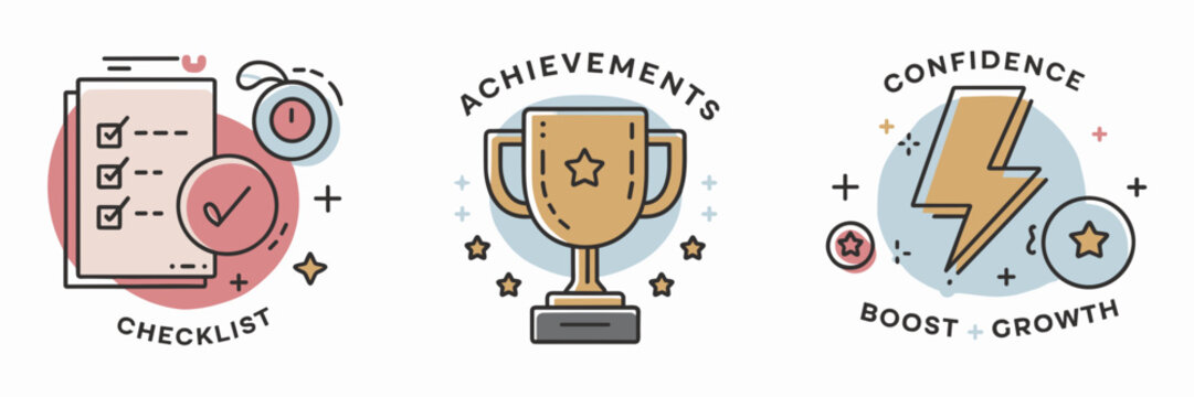 Motivation and personal growth icons set in modern flat style – Perfect for productivity apps, coaching materials, or inspirational content