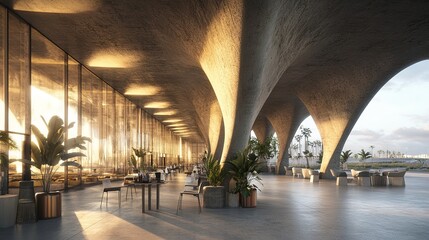 Fototapeta premium Modern Concrete Hall with Glowing Windows, Abstract Architectural Space 