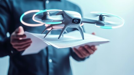 Person holding a drone above documents.