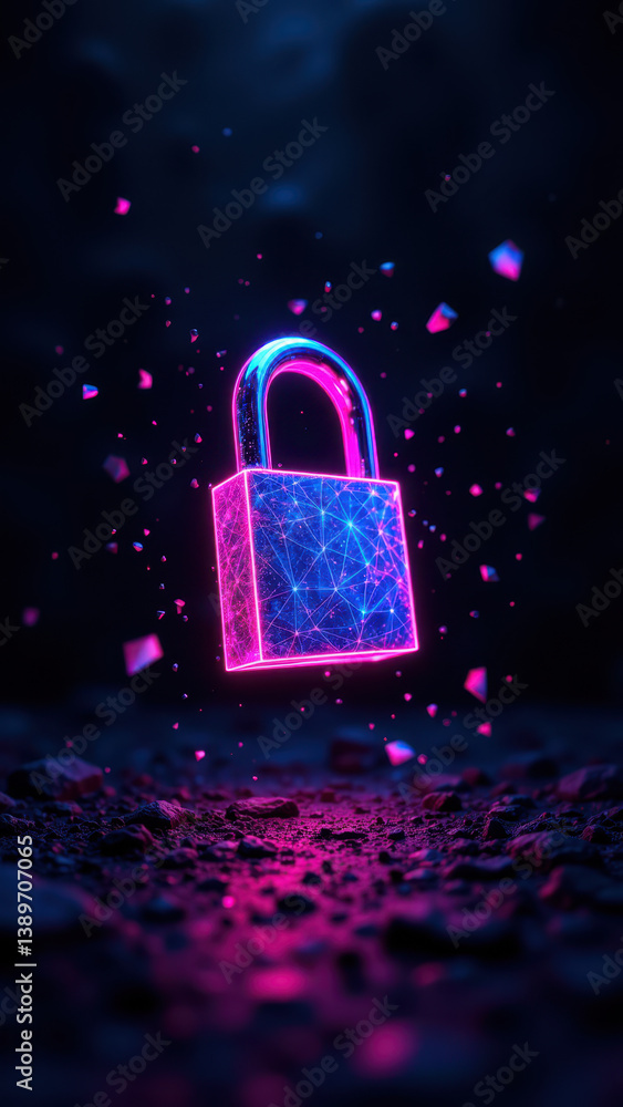 Poster cybersecurity digital art with neon lock floating above surface.