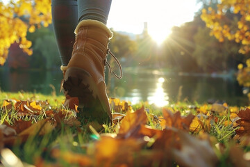Woman's feet wearing boots walking on the grass in front, with background is lake and park landscape
