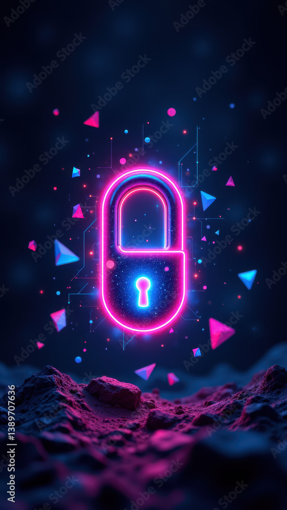 Poster neon cyberlock with digital effects for internet security.