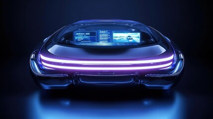 Futuristic electric car rear view with glowing lights and digital dashboard.