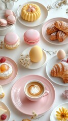 Delicate Dessert Spread Includes Pastries and Coffee on a Light Table Setting