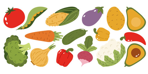 Flat style collrction of various vegetables including broccoli, tomato, and avocado, ideal for healthy eating, cooking, and vegetable-inspired design projects.