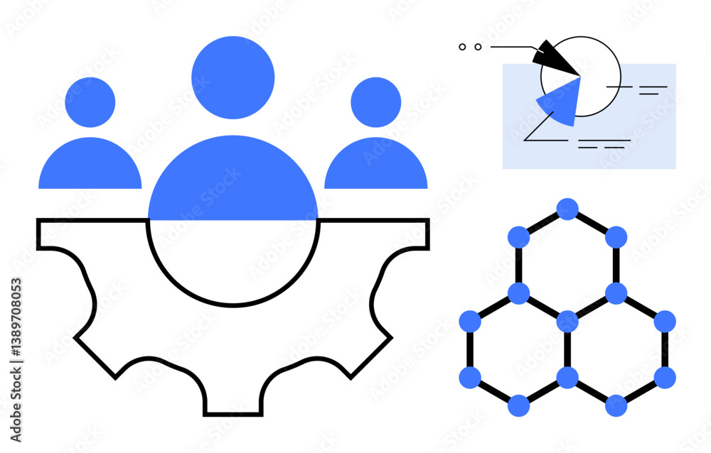 Poster team collaboration symbolized by figures over a gear, data analysis with pie chart elements, and net