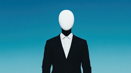 A surreal portrait of a faceless figure in a suit against a blue background, challenging identity and anonymity.