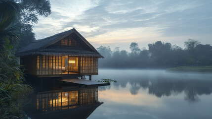 Fototapeta premium Bamboo framed house on riverside with reflections at dawn. Tranquil and serene