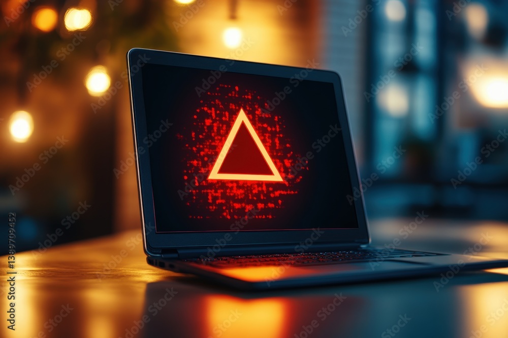 Poster illuminated red triangle displayed on laptop in dim lighting