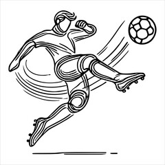A vector of a football (soccer) player kicking the ball in a linear, minimalistic style. 