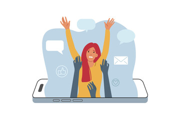 Problem of digital addiction, for woman drowning in mobile phone, due to overabundance of messages and news. Girl tries to escape from digital addiction and jump out of smartphone screen