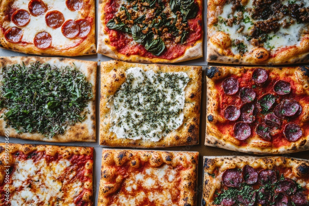 Poster colorful assortment of pizzas arranged in a vibrant chessboard pattern showcasing diverse toppings a