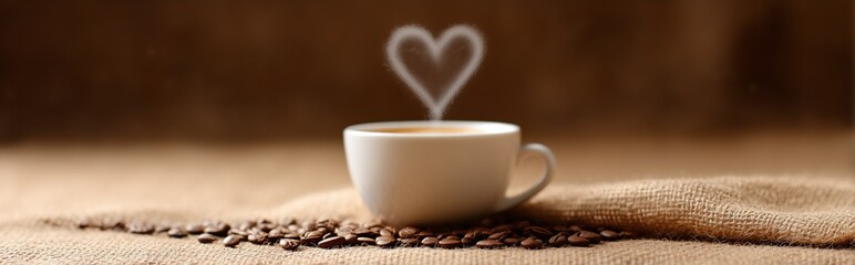 Steaming cup of coffee with heart-shaped vapor and scattered beans on burlap over wooden background