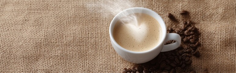 Obraz premium Steaming cup of coffee with heart-shaped vapor and scattered beans on burlap over wooden background