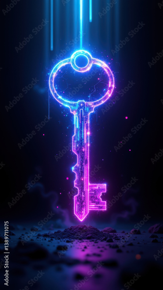 Aufkleber a 3d rendering of a glowing neon key with cybernetic elements against a dark background, symbolizing