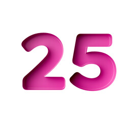 Vibrant pink number 25 Twenty five in bold gradient font with a slight shadow effect, 3d illustration