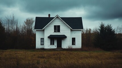 Obraz premium A white farmhouse with a black roof stands in a field under a cloudy and overcast sky scene outdoors