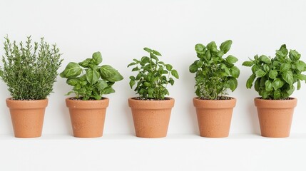Fresh herbs in terracotta pots, arranged on a white shelf.  Healthy, vibrant, and aromatic plants.  Perfect for a kitchen garden or home decor