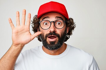 A man with a beard wearing a red hat and glasses
