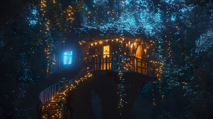 glowing treehouse in alien jungle with bioluminescent lights