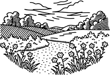 Fototapeta premium Scenic countryside landscape with flowers and hills tranquil nature, picturesque rural view