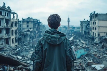 Naklejka premium A man standing in the middle of a destroyed city
