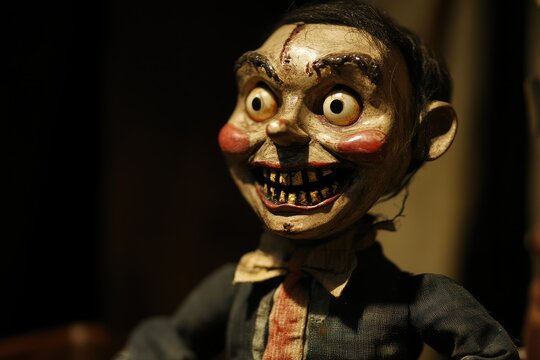 A ventriloquist dummy with jagged teeth, laughing in the shadows