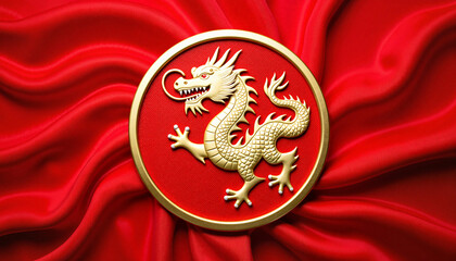 Golden Chinese dragon shield icon on red silk background, symbolism