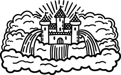 Obraz premium fantasy castle in the clouds with waterfalls magical fairytale scene with radiant sunshine