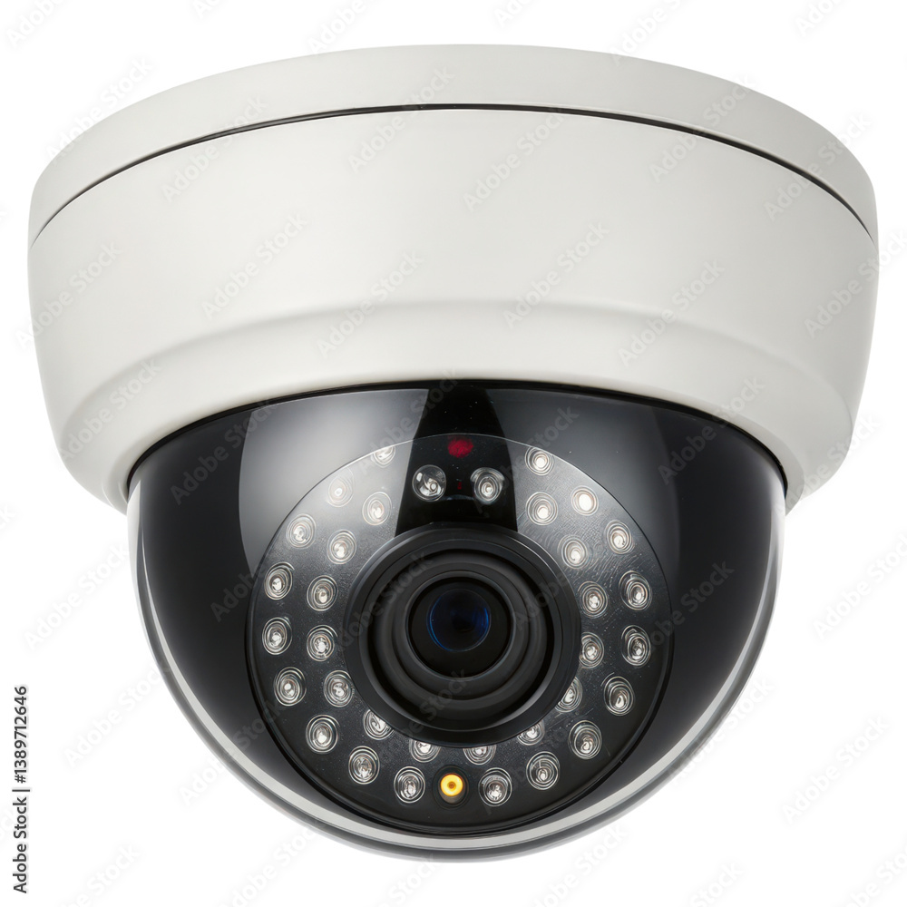 Poster a security camera featuring a dome design with multiple led lights surrounding a lens.