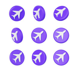 3D Purple coins with a white airplane on its surface, symbolizing travel or aviation. 3d illustration